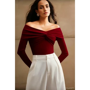 Kadın Omuzlar Düşük Önü Düğümlü Sandy Kumaş Uzun Kollu Bluz 0033