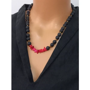 Siyah  Oniks Taşı  ve  Kırmızı Sedef  Taşlı Çelik Kolye