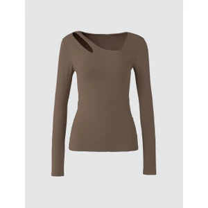 Jimmy Key Bronz Haki Dar Kesim Uzun Kollu Asimetrik Yaka Örme Bluz