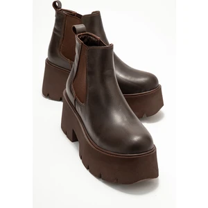 Clen Kahverengi Cilt Hakiki Deri Lastikli Kadın Kalın Tabanlı Bot