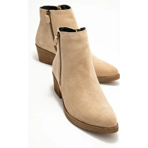 Jayer Bej Süet Hakiki Deri Fermuarlı Kadın Topuklu Bot