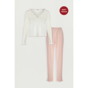 Koza İç Giyim Kadın Soft Touch Fitilli Uzun Kollu Pijama Takımı