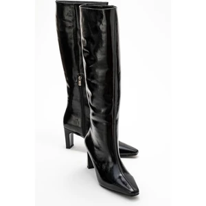 Lume Siyah Rugan Hakiki Deri Kadın Blok Topuklu Çizme