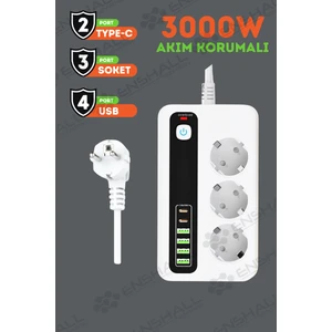 Pro P10 3x Priz 3000W Akım Korumalı 4x USB 2x Type-C Girişli Çoklu Priz