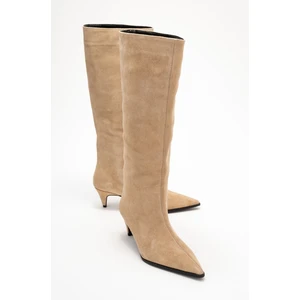 Sıora Bej Süet Hakiki Deri Kadın Kısa Topuklu Çizme