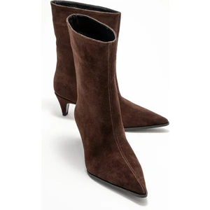 Aleo Kahverengi Süet Hakiki Deri Sivri Burunlu Kadın Kısa Topuklu Bot