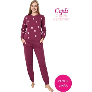 Kadın Yıldız Bisiklet Yaka Düğmesiz Bilek Manşetli 2 Iplik Cepli Kışlık Jogger Eşofman Pijama Takımı