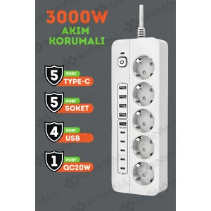 Pro P13 3000W Akım Korumalı 5 Girişli Type-C ve USB Girişli Uzatmalı Grup Priz