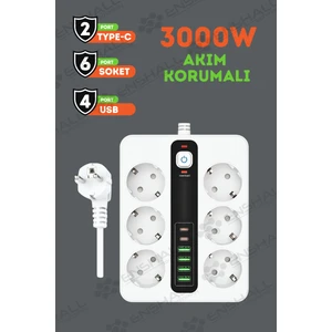 Pro P11 5x Priz 3000W Termal Akım Korumalı 4x USB 2x Type-C Girişli Çoklu Priz