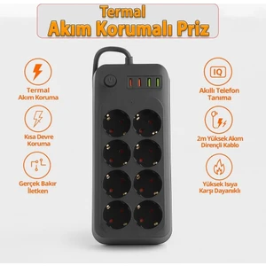 8 Prizli 2 USB 2 Type-C Girişli Akım Korumalı Topraklı Şarj Fiş Priz 2 Metre Uzatma Kablosu