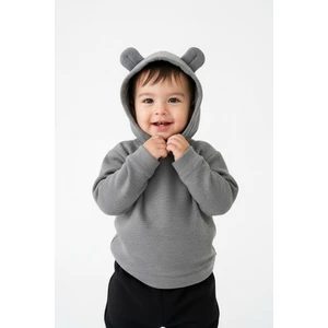 Erkek Çocuk Ayıcık Kulaklı Pamuklu Gri Kapüşonlu Sweatshirt
