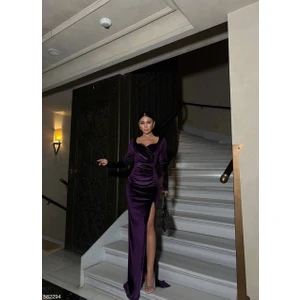 Kadın Kadife Kumaş Yırtmaçlı Abiye Elbise (Renk Seçenekli)