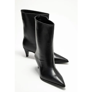 Aleo Siyah Cilt Hakiki Deri Sivri Burunlu Kadın Kısa Topuklu Bot