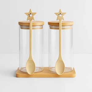 Noah Exclusive 2 Lı Borosilikat Cam Bambu Kapaklı-Bambu Kasıklı-Bambu Altlıklı Saklama Seti