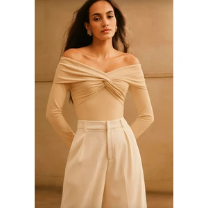 Kadın Omuzlar Düşük Önü Düğümlü Sandy Kumaş Uzun Kollu Bluz 0033