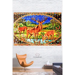 Vintage Serisi Geyik Ailesi Duvar Halısı Duvar Örtüsü Wall Tapestry