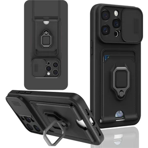 iPhone 15 Pro Max Uyumlu Taşıma Askılı - Kartlıklı - Stantlı - Kamera Korumalı Silikon Telefon Kılıfı