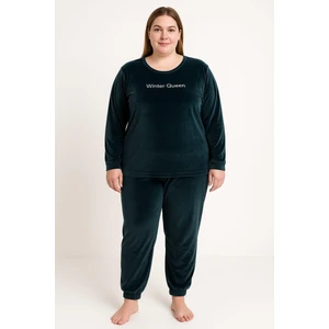 Kadın 13214-2657 Büyük Beden Kadife Pijama Takımı Petrol