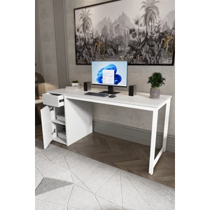 Beyaz 160X60 cm Çalışma Masası, Bilgisayar Masası, Ofis Masası Çekmeceli, Dolaplı, Raflı