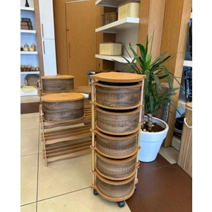 Ahşap Yuvarlak Sebzelik 5 Katlı Yana Açılır Patates Soğan Tekerlekli Sebzelik