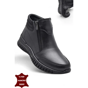 1456 Tam Ortopedik Siyah Hakiki Deri Kadın Bot Çift Fermuarlı Anne Kışlık Deri Bot