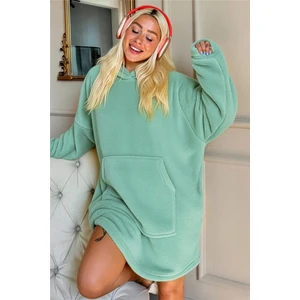 Mint Yeşili Kapşonlu Tam Peluş Oversize Sweat Panço Pijama