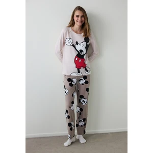 Bej Mickey Mouse Baskılı Bisiklet Yaka Pamuklu Uzun Kollu Pijama Takımı