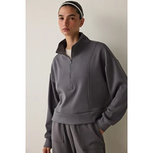 Gri Modal Dik Fermuar Yaka Sweatshirt