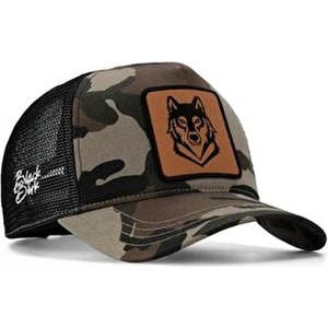 V1 Kurt Logolu Kamuflaj-Siyah Trucker Şapka