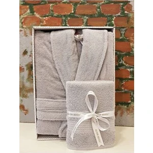 Trendy Şalyaka Bornoz + Baş Havlusu- Gri