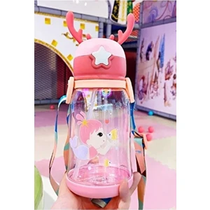 Kitchen Beauty Geyikli Çocuk Suluğu 500 ml BPA İçermez Taşıma Pipetli Kayışlı Damlatmaz Plastik Matara