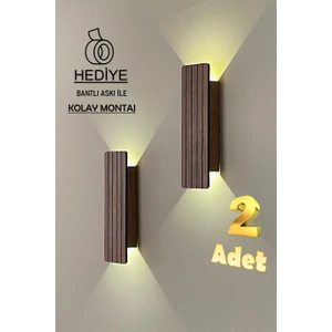 2 Adet Ahşap Pilli Dekoratif Duvar Aydınlatması Aplik Gece Lambası (Ceviz)