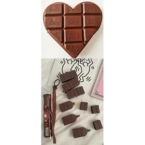 6'lı Çikolata Şekilli Fosforlu Kalem Fermuarlı Çantalı & Kalpli Çikolata Kokulu Not Defteri