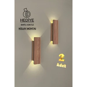 2 Adet Ahşap Pilli Dekoratif Duvar Aydınlatması Aplik Gece Lambası (Açık Meşe)