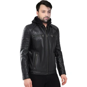 Derije Danny Hakiki Deri Erkek Siyah Kapüşonlu Mont