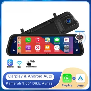 9.66" Akıllı Dikiz Aynası – Kablosuz Carplay & Android Auto, 1080P Ön/arka Kamera, Gece Görüş, Gps Destekli, IPS Dokunmatik Ekran