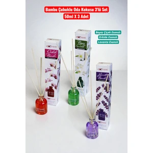 Bambu Çubuklu Oda Kokusu 3'lü Set | Lavanta, Orkide, Beyaz Çiçek - Doğal Esanslı | 50ML x 3 Adet