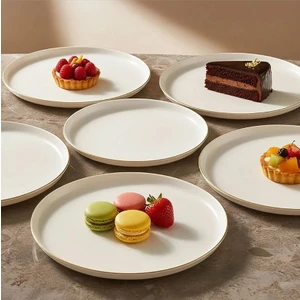 Güral Porselen Bilbao Serisi Bone Porselen 21 cm Krem Altın Kenarlı 6'lı Pasta Tabağı Seti