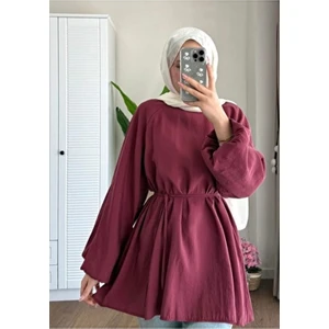 Balon Kol Bel Bağlamalı Tesettür Gömlek Bordo