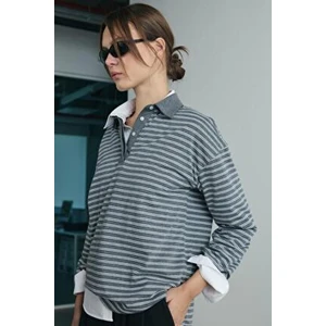 Gri Monroe Çizgili Polo Yaka Tişört