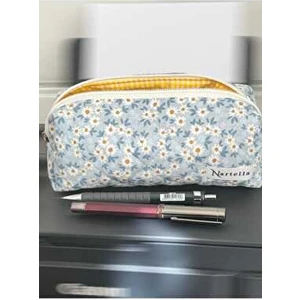 Kalemlik – Boncuk Mavi Papatya Desenli, Kapitone Kumaş, Yıkanabilir Bez Organizer, Cotton Astarlı