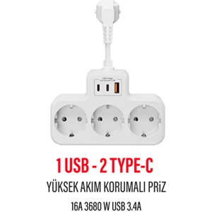 Çoklu Kablolu Priz -Priz Çoğaltıcı-Priz Dönüştürücü 1usb - 2type-C Girişli Yüksek Akım Korumalı Fiş