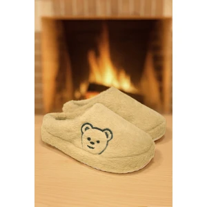 Fluffy Ayıcık Desenli Kadın Ev Terliği Kışlık Yünlü Terlik Ses Yapmayan Içi Yünlü Günlük Rahat Terlik