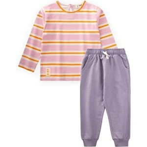 Çizgili Uzun Kollu T-Shırt Takım 2-12 Yaş Pembe Turuncu Çizgili