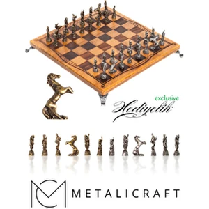 MC97 - Çin Antik Figürlü Metal Taşlar – 30X30CM Gerçek Kayın Tahtası - Hediyelik Satranç Takımı