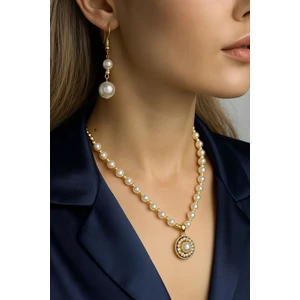 Gold Aparatlı Inci Kolye ve Küpe Seti