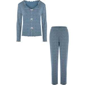 Kadın Pamuklu Çıtır Çiçek Desenli Baby Overloklu Fiyonk Detaylı Uzun Kollu Pijama Takımı