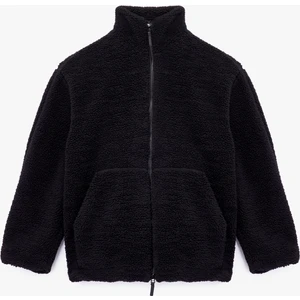 Uzun Kollu Cepli Fermuarlı Dik Yaka Oversize Peluş Mont