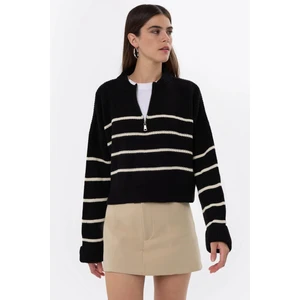 Kadın Çizgili Fermuarlı Örme Kazak Siyah
