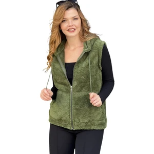 Kadın Haki Yeşil Kapşonlu Kolsuz Peluş Yelek